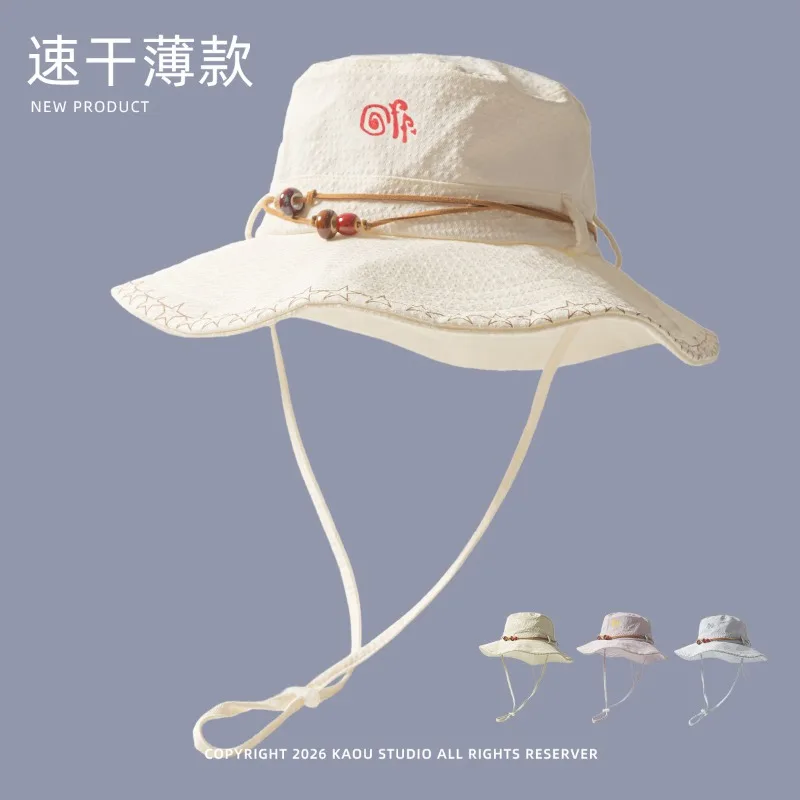 Summer Fresh Cartoon Print Drawstring Bucket Hats for Women Outdoor Travel Sunscreen Versatile Niche Beaded Design Hiking Caps