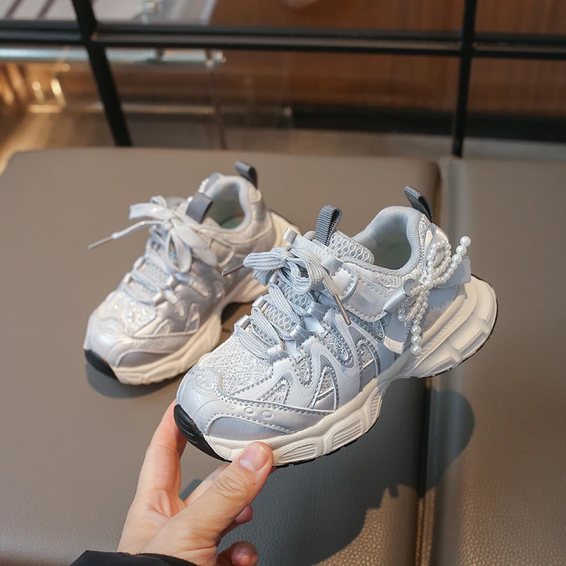 Children Chunky Sports Shoes New Pearl Decor Girls Running Sneakers for School Causal Fashion Kids Mesh Trainers Shoes Non-slip
