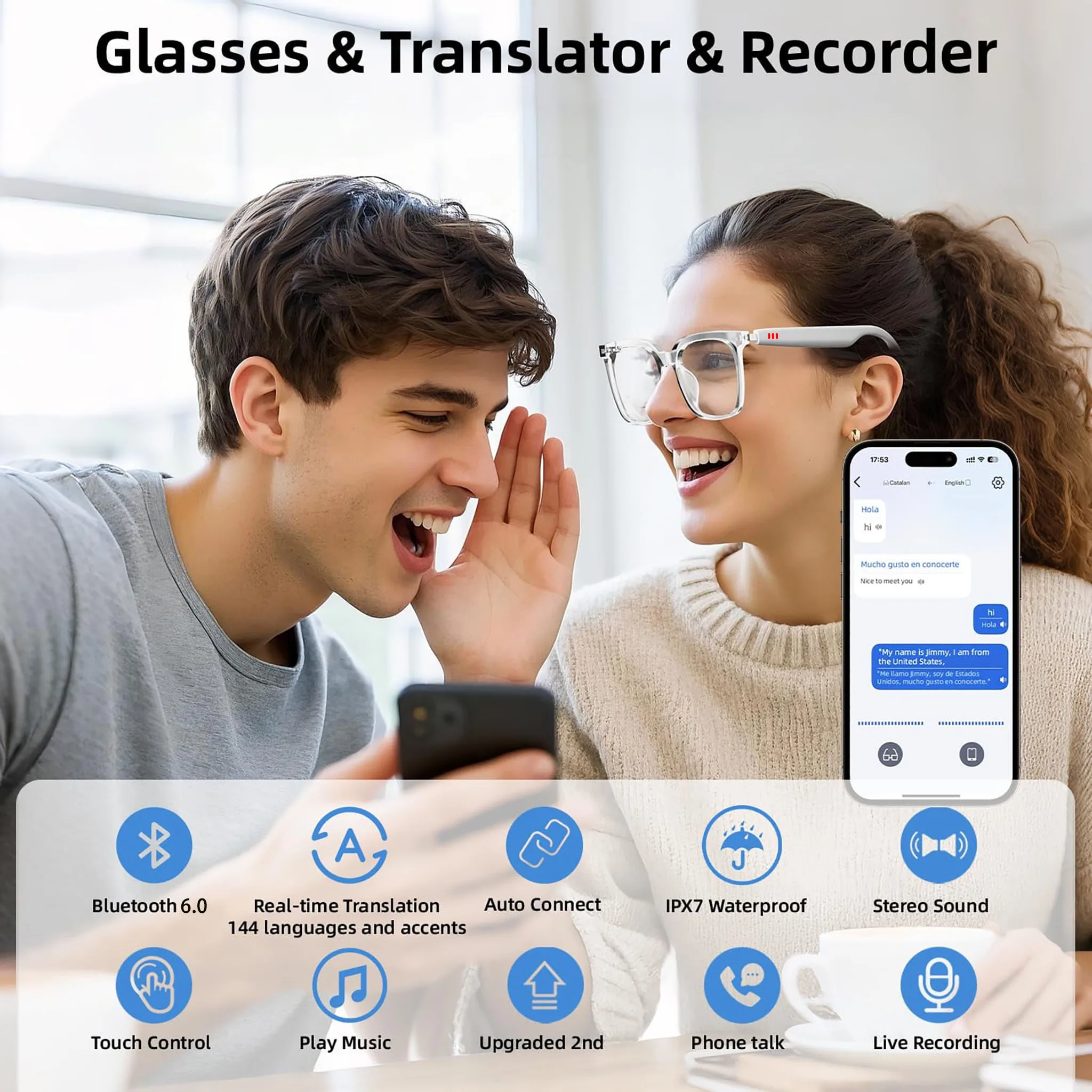 Pink Bluetooth Smart Glasses Multifunctional Translation Sunglasses Anti-Uv Oval Smartglasses for Birthday Gifts Gym Meeting