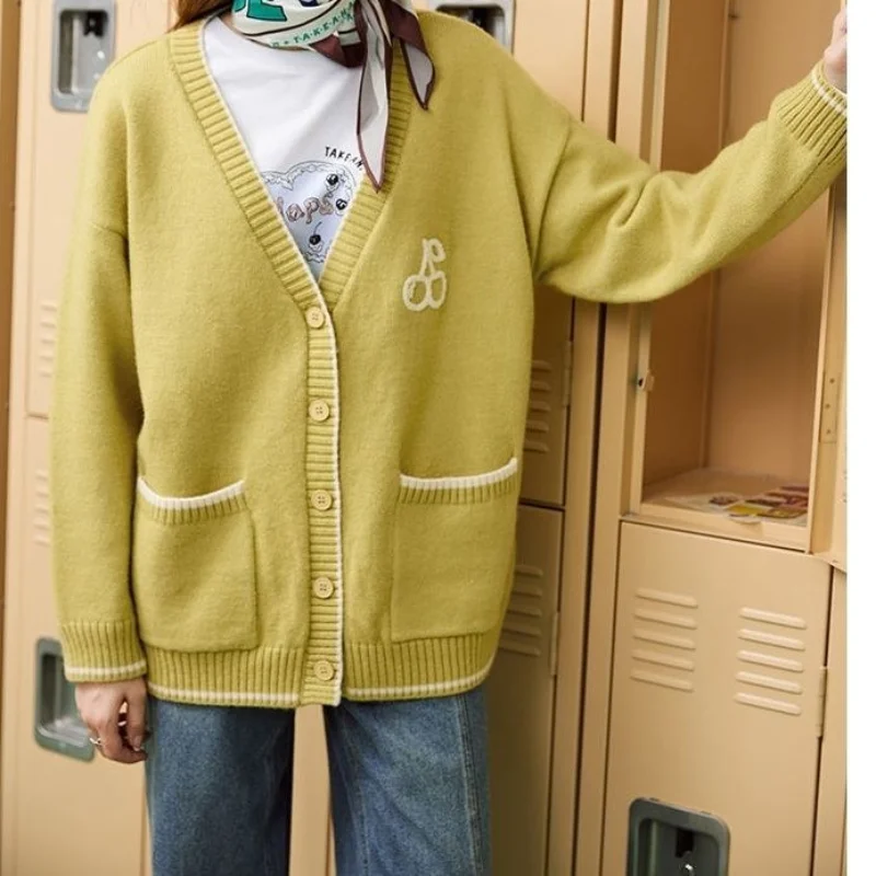 

Cardigan Sweater Female 2023 Loose College Style Knitted Cardigan Coat Women Contrast Japanese V-neck Retro Versatile Sweater