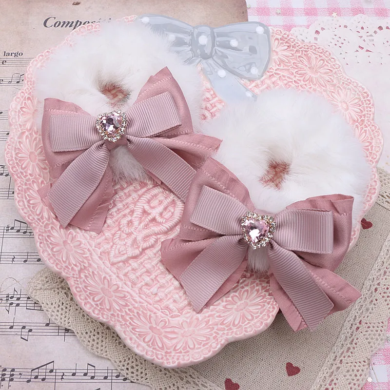 Handmade Mine Sweet Cute Bow Heart Shape Rhinestone Furry Hair Ring Hair Accessories Lolita Headdress for Women Hair Ties