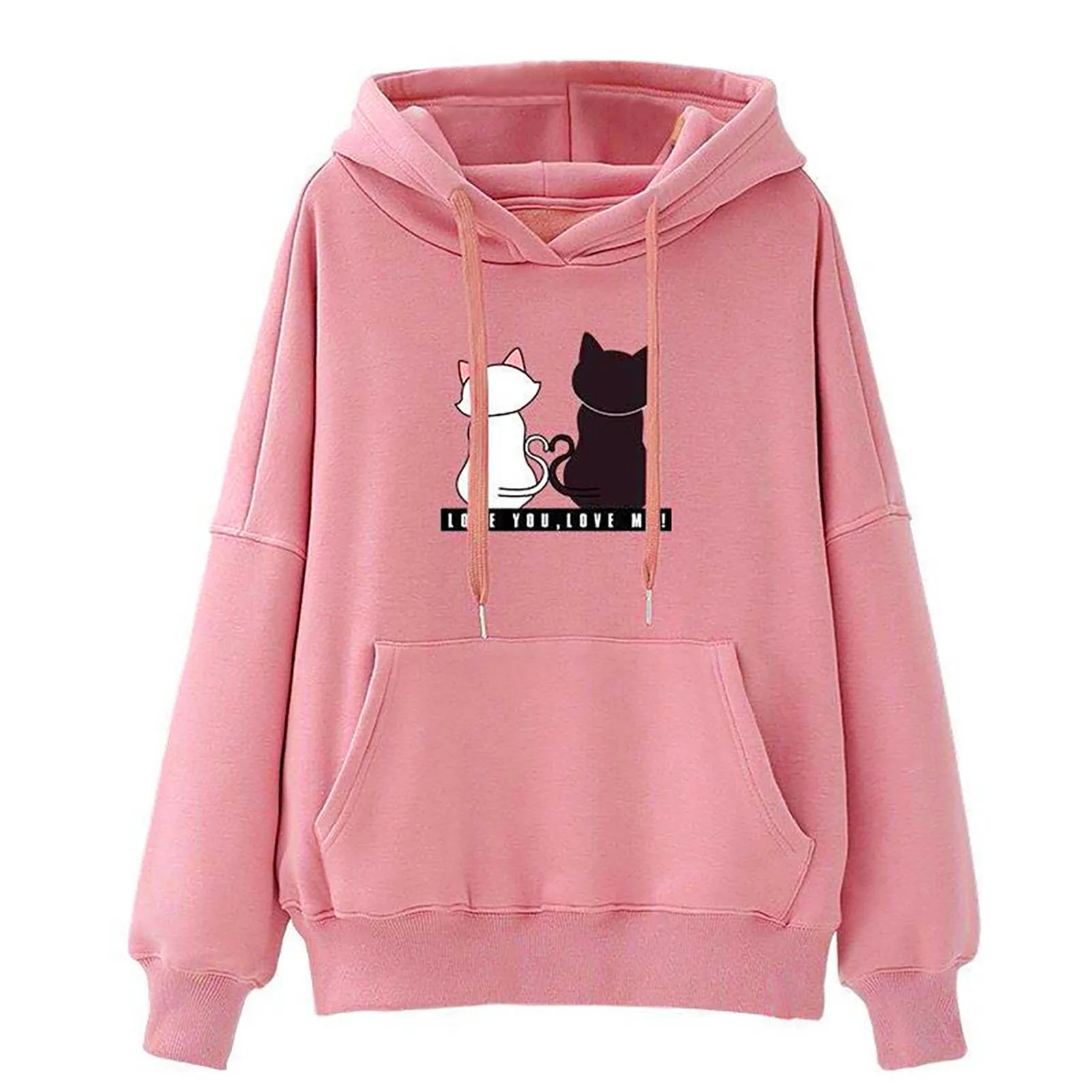 Hoodies de manga comprida feminino, moletom estampado gato bonito, desenho animado feminino, Harajuku, branco, outono