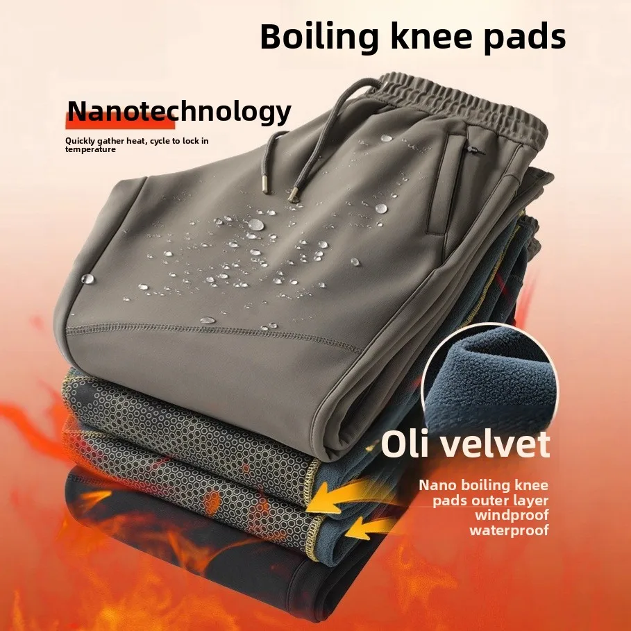 

2025 New Men's Autumn and Winter Warm Fleece-Lined Thickened Windproof and Waterproof Knee-Protecting Casual Pants ...