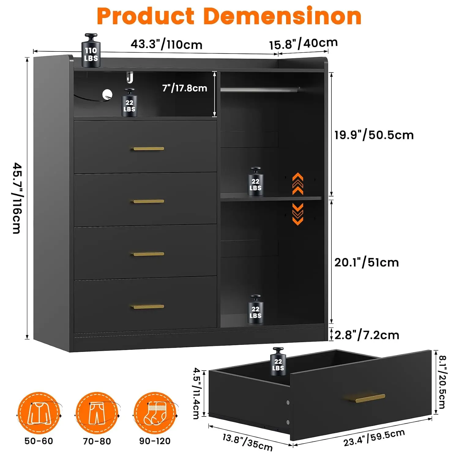 4-Drawer Dresser with Clothes Rack, LED Light, Power Outlet, Shelf, Bedroom Storage, 15.7