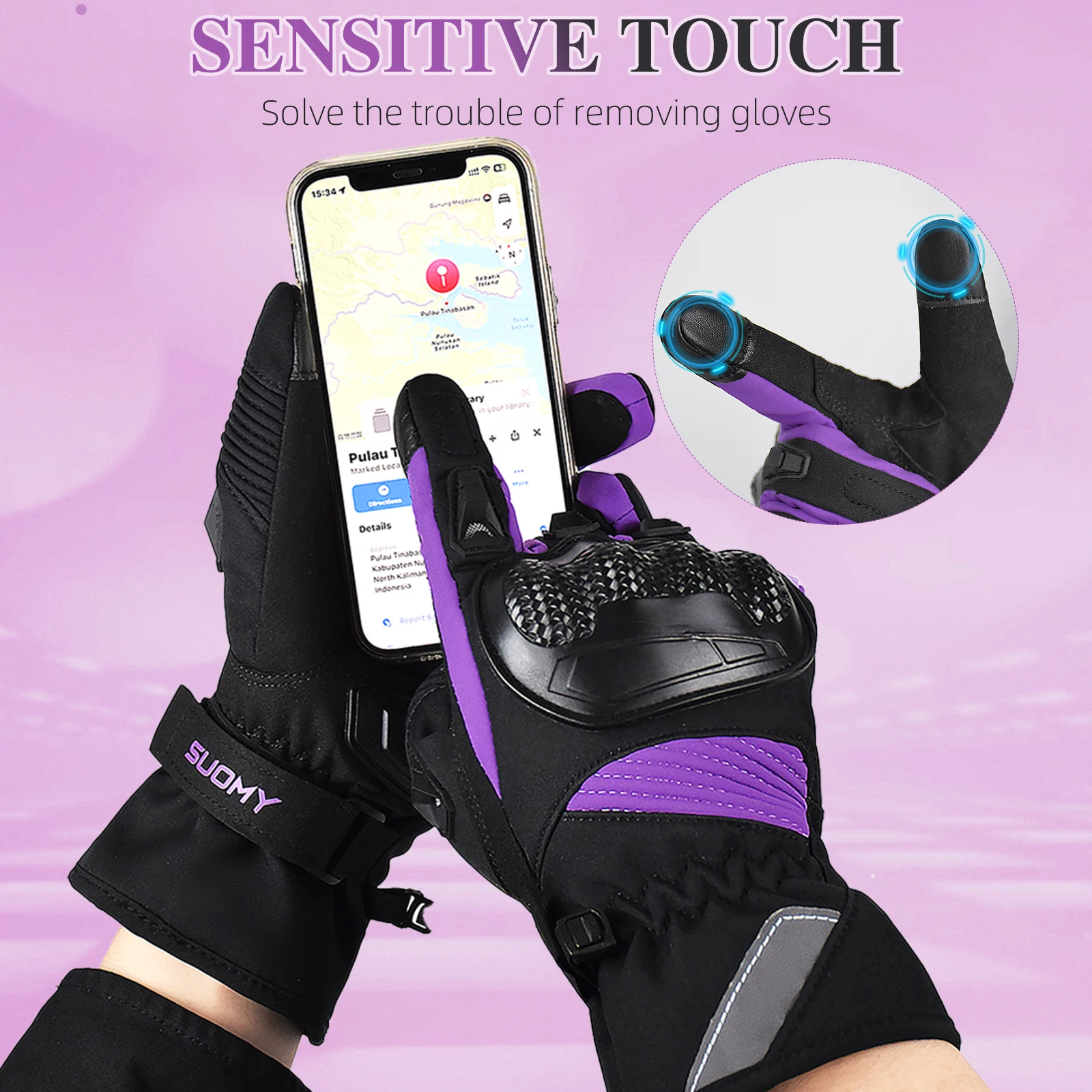 ถุงมือมอเตอร์ไซค์ฤดูหนาว SUOMY สีชมพู/ม่วง สำหรับผู้หญิง กันลม กันน้ำ ถุงมือขี่มอเตอร์ไซค์แบบสัมผัสหน้าจอ ถุงมือขี่รถอุ่นสำหรับผู้หญิง