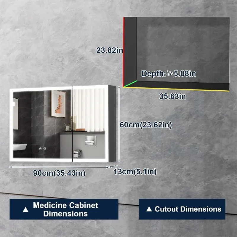 Led Medicine Cabinet with Led Mirror, Recessed or Surface Medicine Cabinet with Color Adjustment and Anti-Fog Mirror, Easy To