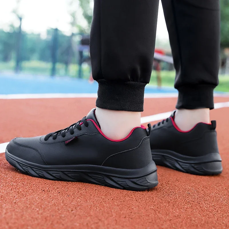 Men's Running Shoes Black PU Upper Flat and Comfortable Walking Shoes Lightweight and Wide Footed Casual Sports Leather Shoes