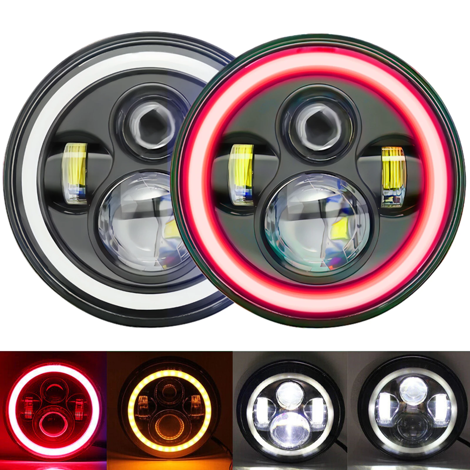 

2Pcs 7 Inch Car Motorcycle LED Headlight with DRL/Turn Signal Red-Yellow Ring Full Circle Angel Eye for Wrangler Headlamp