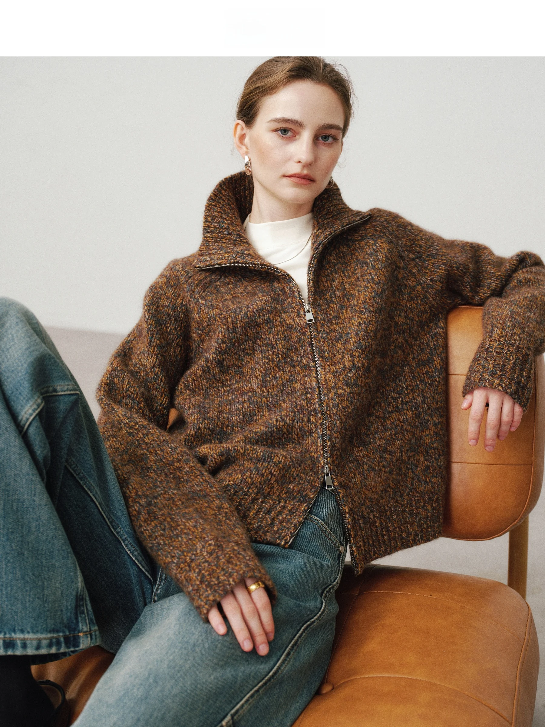 

SueM 'LP Classic' Vintage Floral Wool Zipper Open Cardigan Coffee Color Women's Sweater Warmth Fall Winter Faion Commute Sle