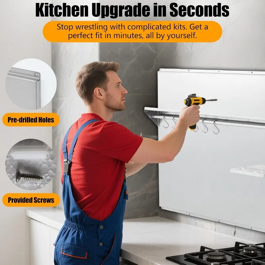 Panel ochronny ze stali nierdzewnej 30x30,7 cm z wbudowaną półką i uchwytem na noże do montażu na ścianie nad okapem kuchennym, montowany na ścianie K