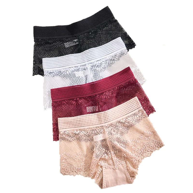 4PCS High Waisted Panties Women Lace Sexy See Through Tanga Solid Color Underwear No Line Comfort Bikini Briefs