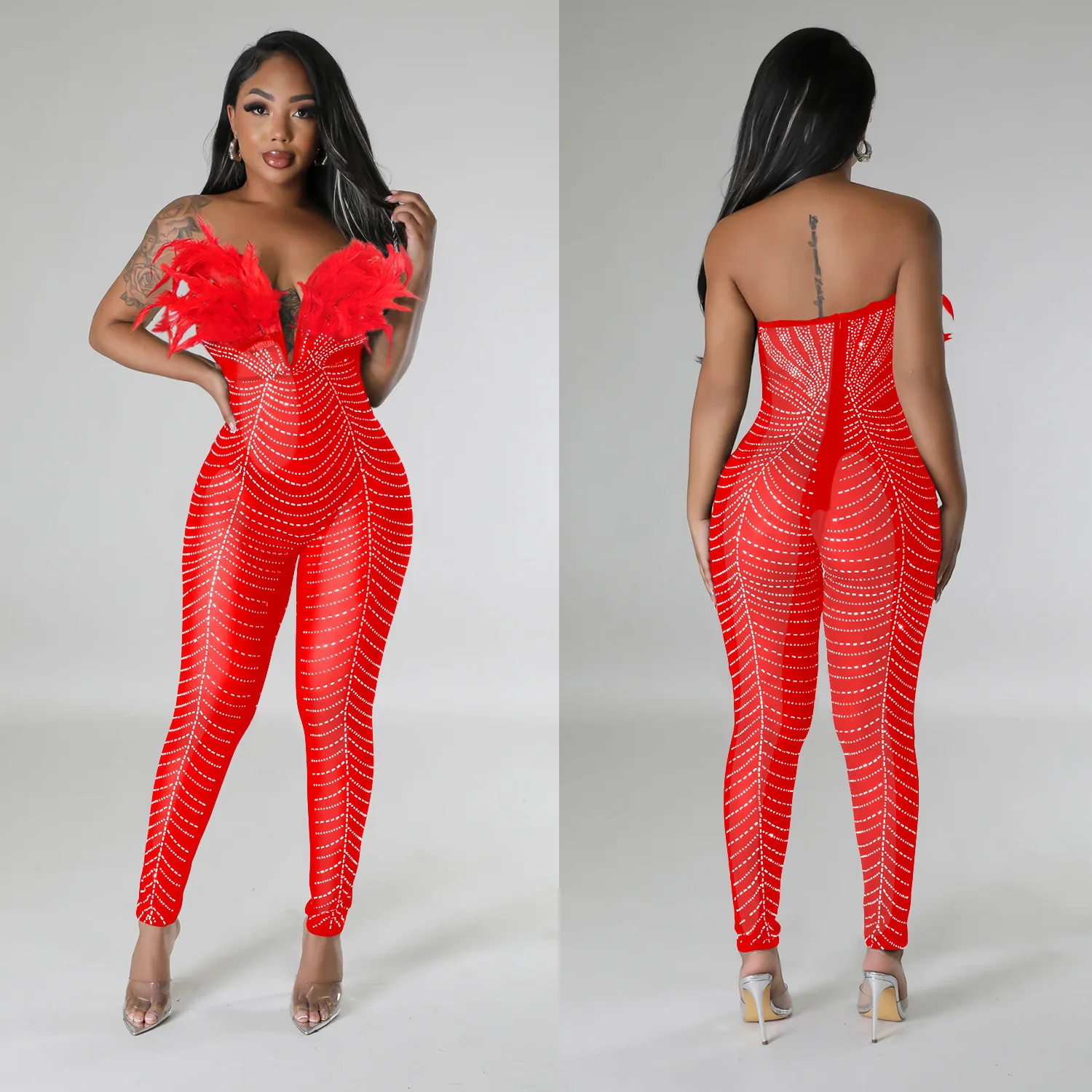 Mode Effen Kleur Feest Bijeenkomst Club Nachtclub Prom Sexy Mesh Hot Diamonds Broek Jumpsuit