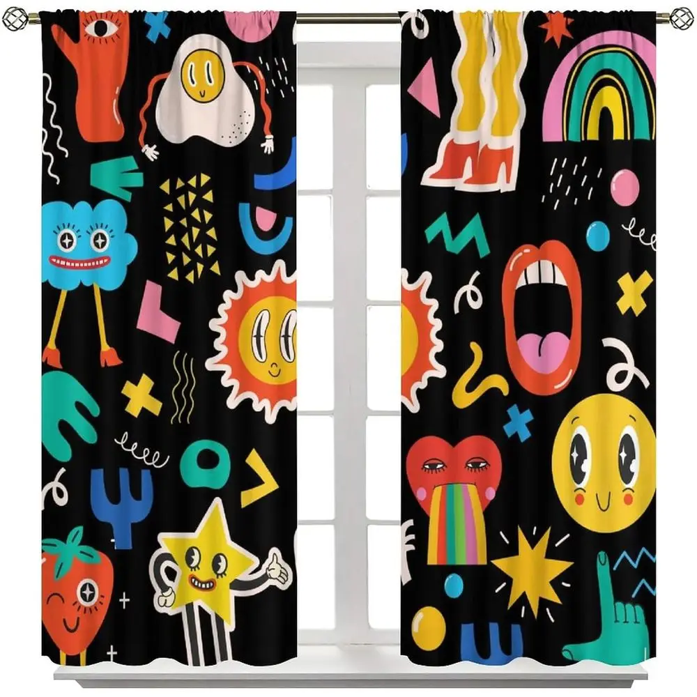 70s Style Groovy Curtains, Cute Rainbow Geometric Print, Blackout for Kids & Living Room, 84x84 - view 4