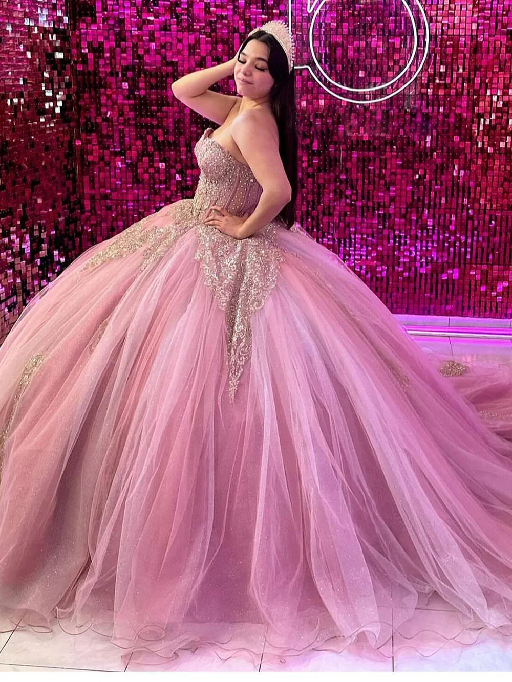 Vestidos de baile de princesa para quinceañera, vestidos rosas con Apliques de encaje, cuentas brillantes, tul Formal, vestidos de fiesta de graduación, dulce 16