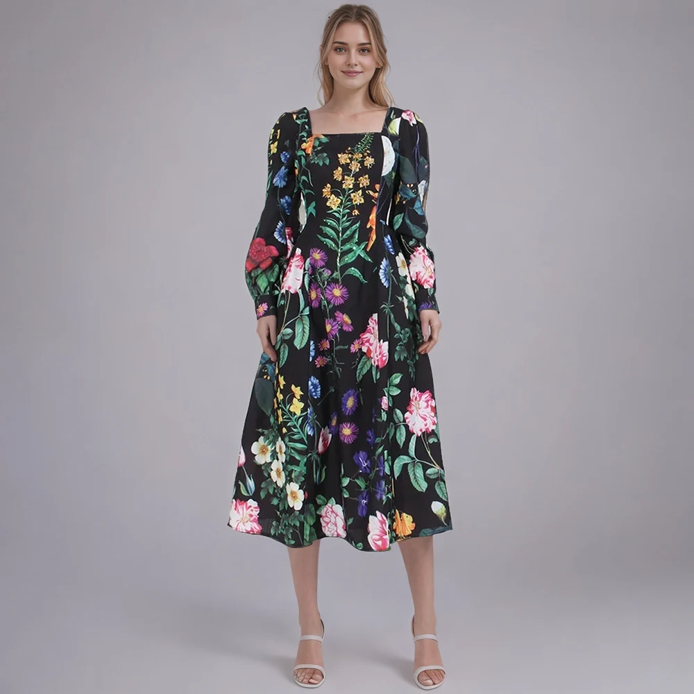 

Vintage Printing Midi Dresses For Women Square Collar Long Sleeve High Waist Elegant Colorblock A Line Dress Female New