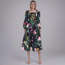Vintage Printing Midi Dresses For Women Square Collar Long Sleeve High Waist Elegant Colorblock A Line Dress Female New