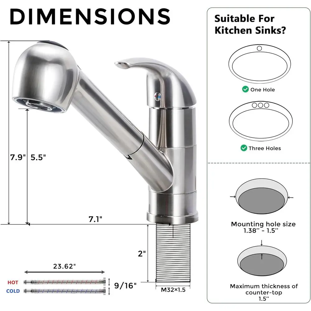 Grifo de cocina extraíble de una sola manija de níquel cepillado con rociador para fregadero pequeño de acero inoxidable