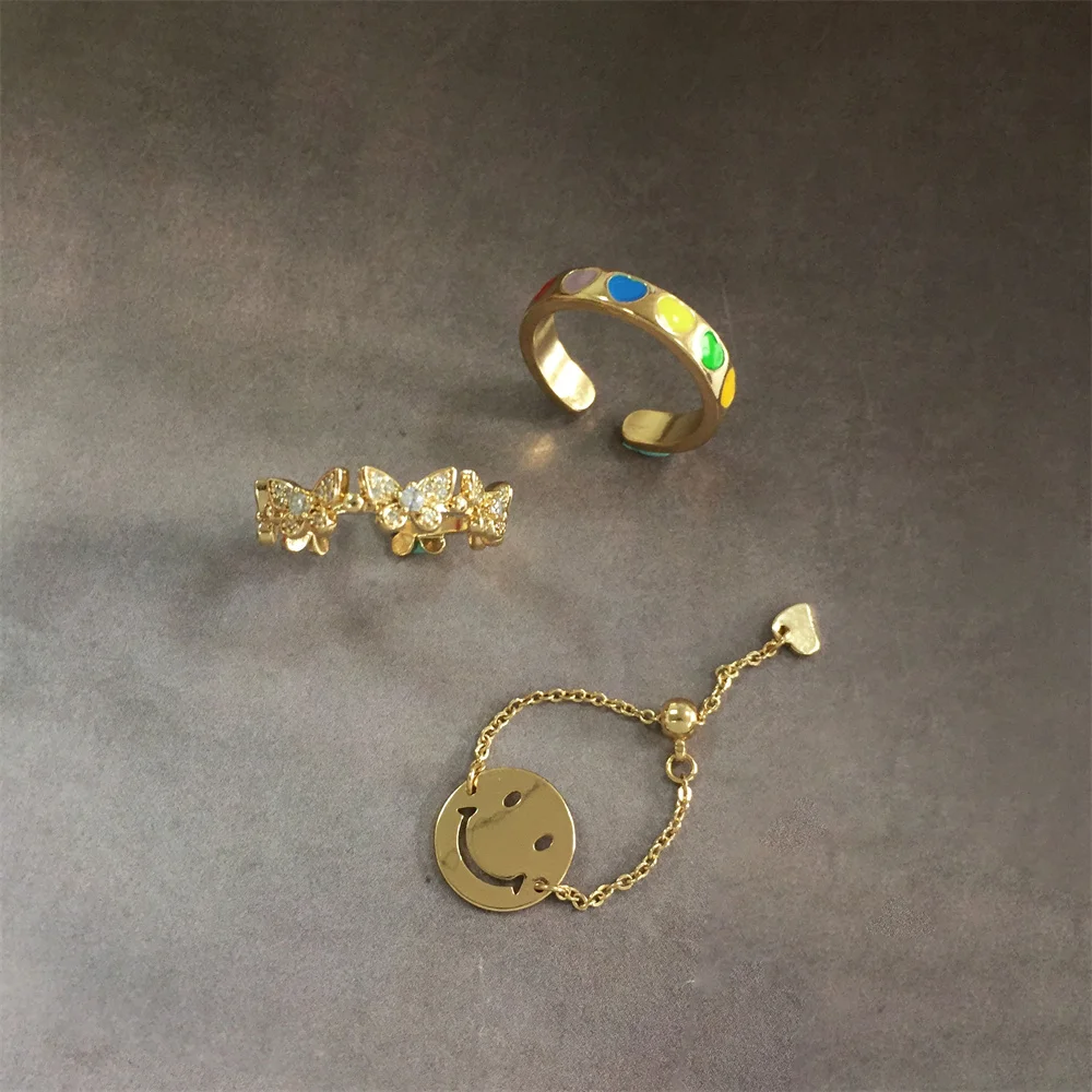 New Arrivals Gold Color Plating Smile Charm Colorful Epoxy Band Clear Zircon Butterfly Open Ring Pack For Girl Lovely Jewelry