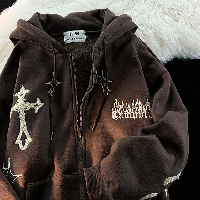 Gothic Embroidery hoodie for Ladies Vintage Harajuku Hip Hop Jacket High Street Zipper hoodie Casual Loose sweatshirt Y2K top