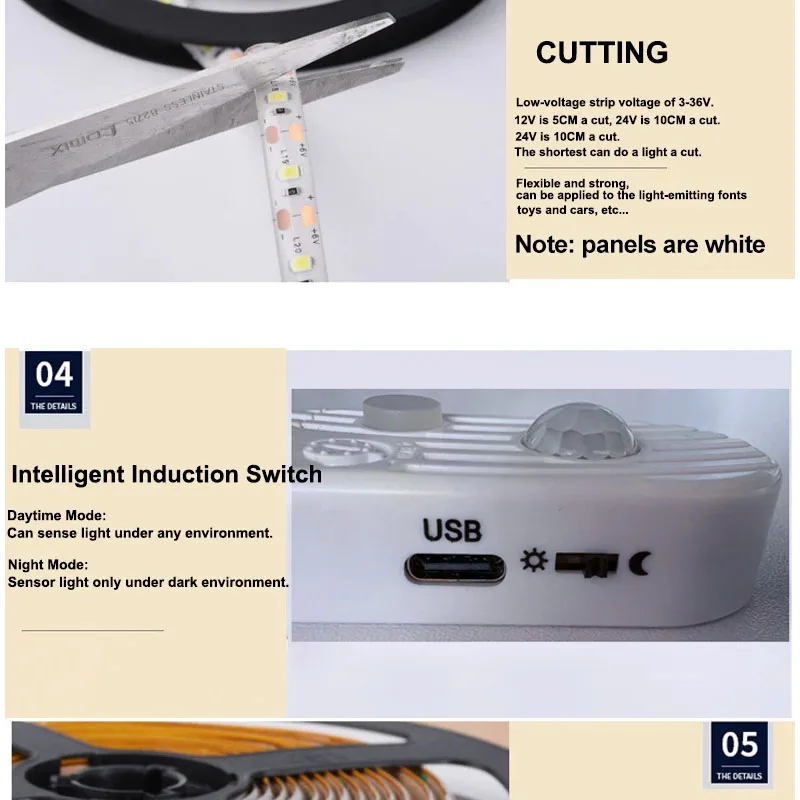 5V 2835 Sensore di movimento a LED Striscia luminosa Armadietto impermeabile Luce notturna 1M/2M Luce a nastro per interni Camera da letto Guardaroba Illuminazione scale