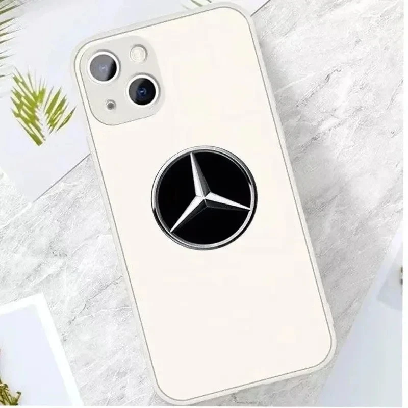 Black White Mirror Face Glass Hard Phone Case For Mercedes Benz iPhone 16 15 14 13 12 11 ProMax Plus X XS Pro Max Car Logo Cover