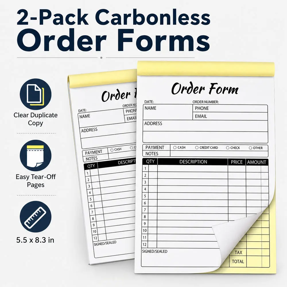 2-Pack Carbonless Order Form Receipt Books, White/Yellow Copy, 5.5x8.3in Tear-Off Pads for Office Retail