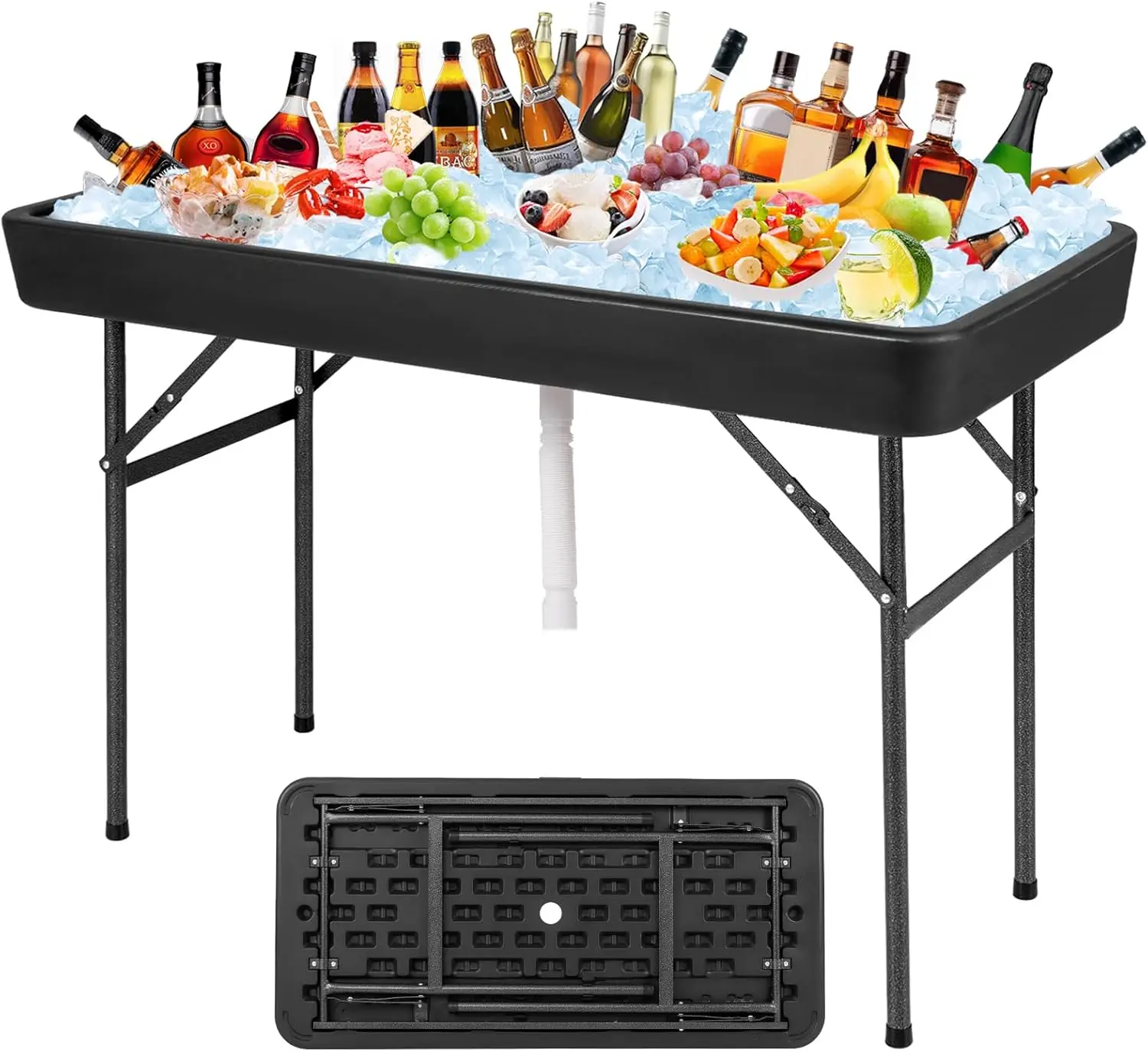 Folding Ice Cooler Table with Matching Skirt & Drain Hose, Foldable Beverage Cooler Table Buffet Cooler Server, Portable Chill T