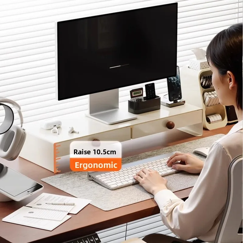 Adjustable Monitor Riser Stand with Drawer, Ergo Desktop Organizer Shelf, Computer Desk Storage Stand, Workspace Accessories