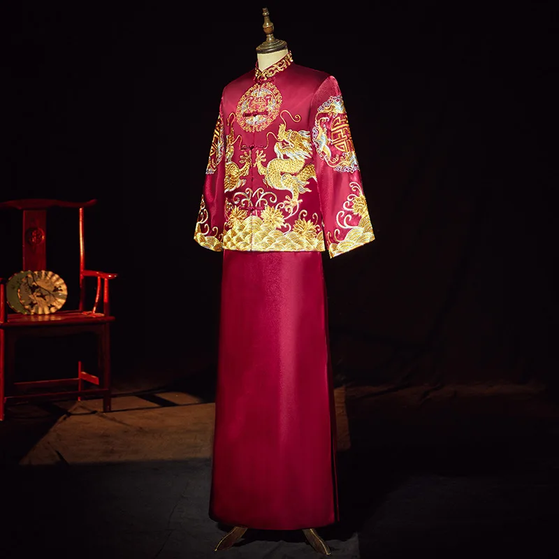 Traditional Clothes China Qipao Vintage Cheongsam Men Red Dragon Embroidery Modern Chinese Wedding Dress