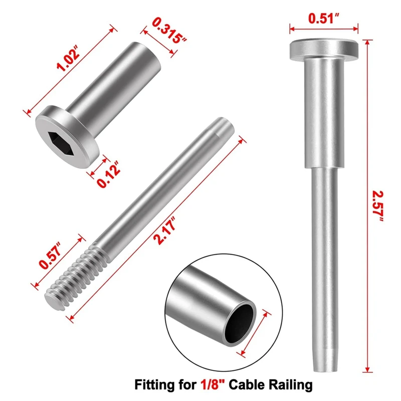 50 Pack Invisible Cable Railing Kit, T316 Stainless Steel 1/8In Invisible Receiver And Swage Stud End For Cable Railing