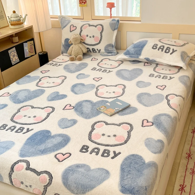 Bonenjoy Cute Bear Bedsheet Super Soft Fitted Sheet for Winter Bed Cover 120x200 Bed Linen Home Sheets 침대 시트 (No Pillowcase)