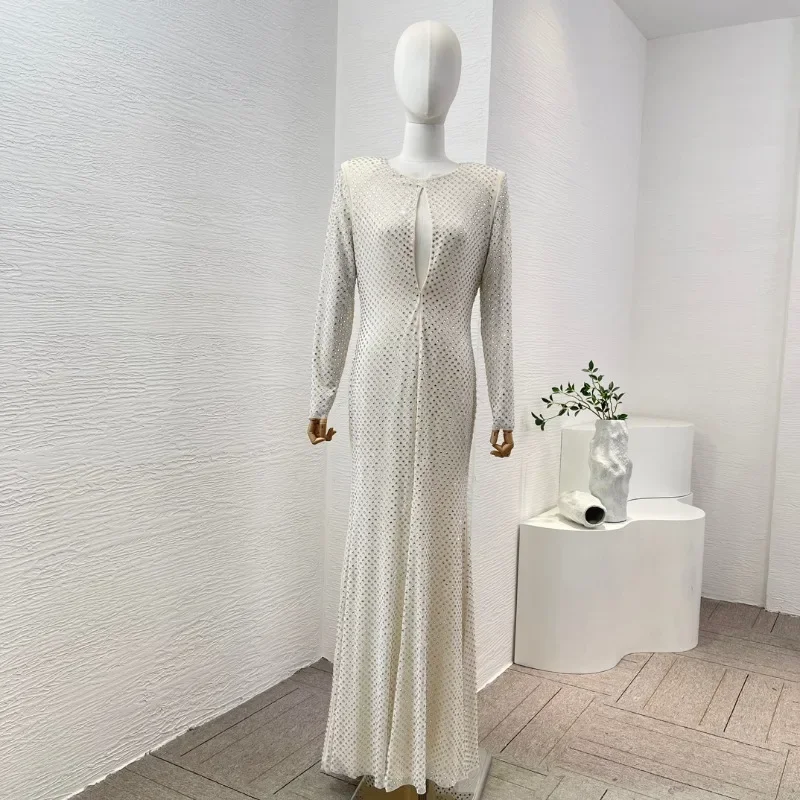 

Silver White Deep Red Diamonds Pressed Long Sleeve Maxi Dress 2025