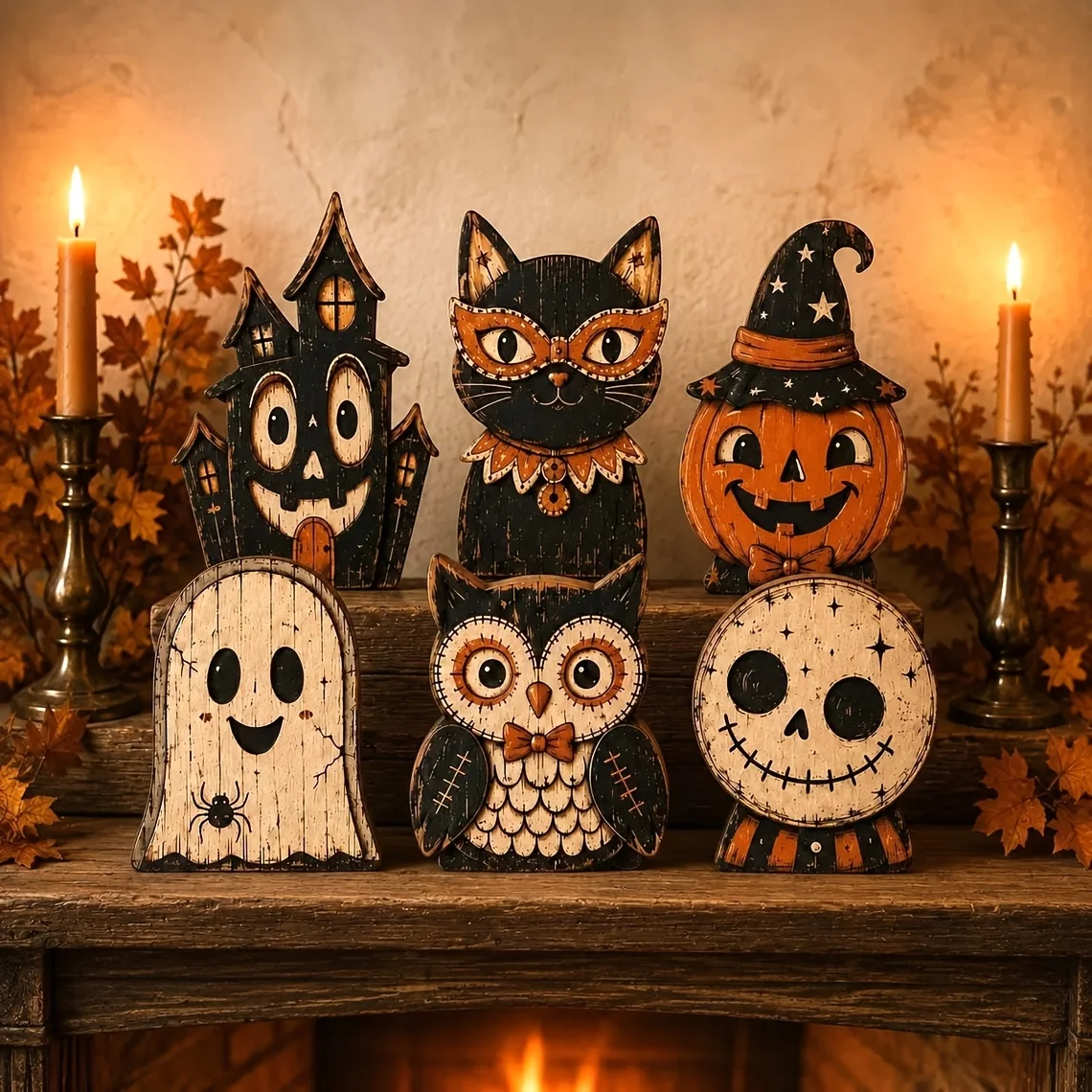 6-Piece Fun Halloween Wooden Blocks – Retro Tabletop Signs for Farmhouse Shelf & Tiered Tray Decor – Fall Indoor Housewarming