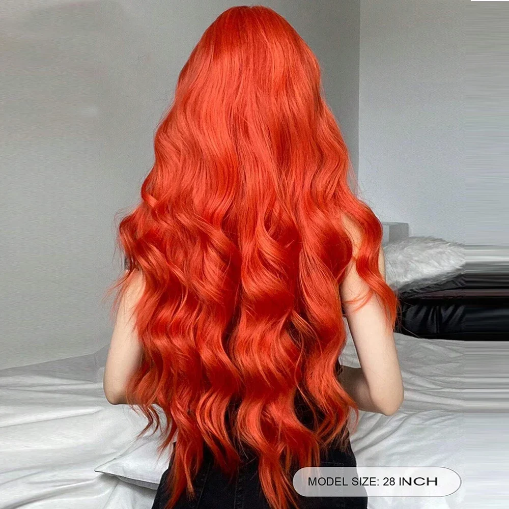 Orange Red Long Curly Wavy Synthetic Wigs with Bangs for Women Christmas Colorful Cosplay Wigs Daily Natural Hair Heat Resistant