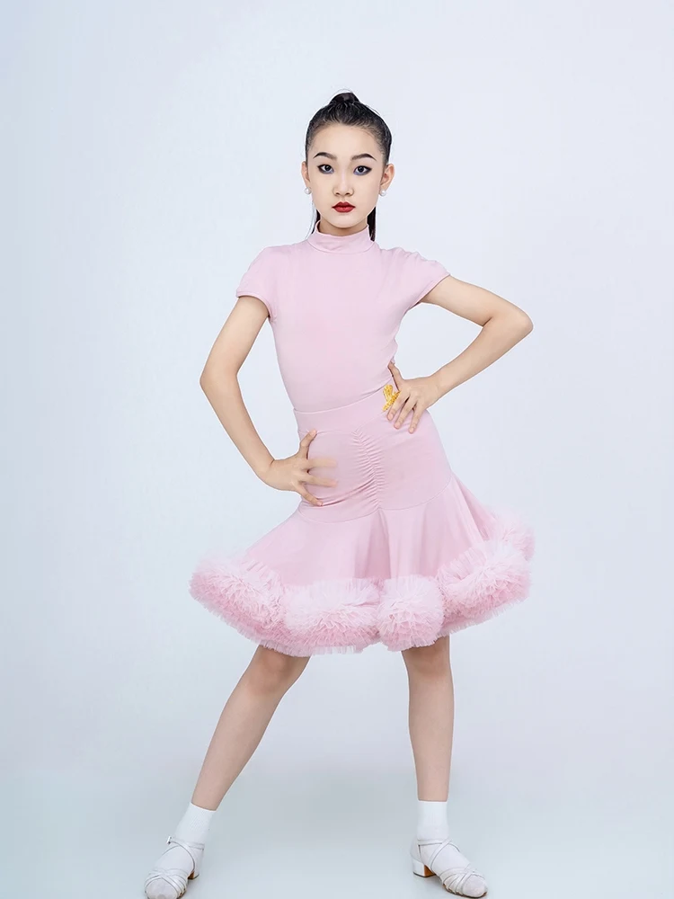Vestido de dança latina para meninas, gola alta, renda, saia grande, manga curta, samba chacha, roupa de competição latina dn21785