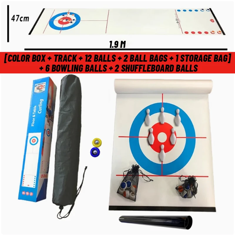

1.9M Portable Indoor Curling Game Set – Roll-Up Mat, 12 ABS Sliding Stones (Red & Blue or Orange & Blue), Family Party Game