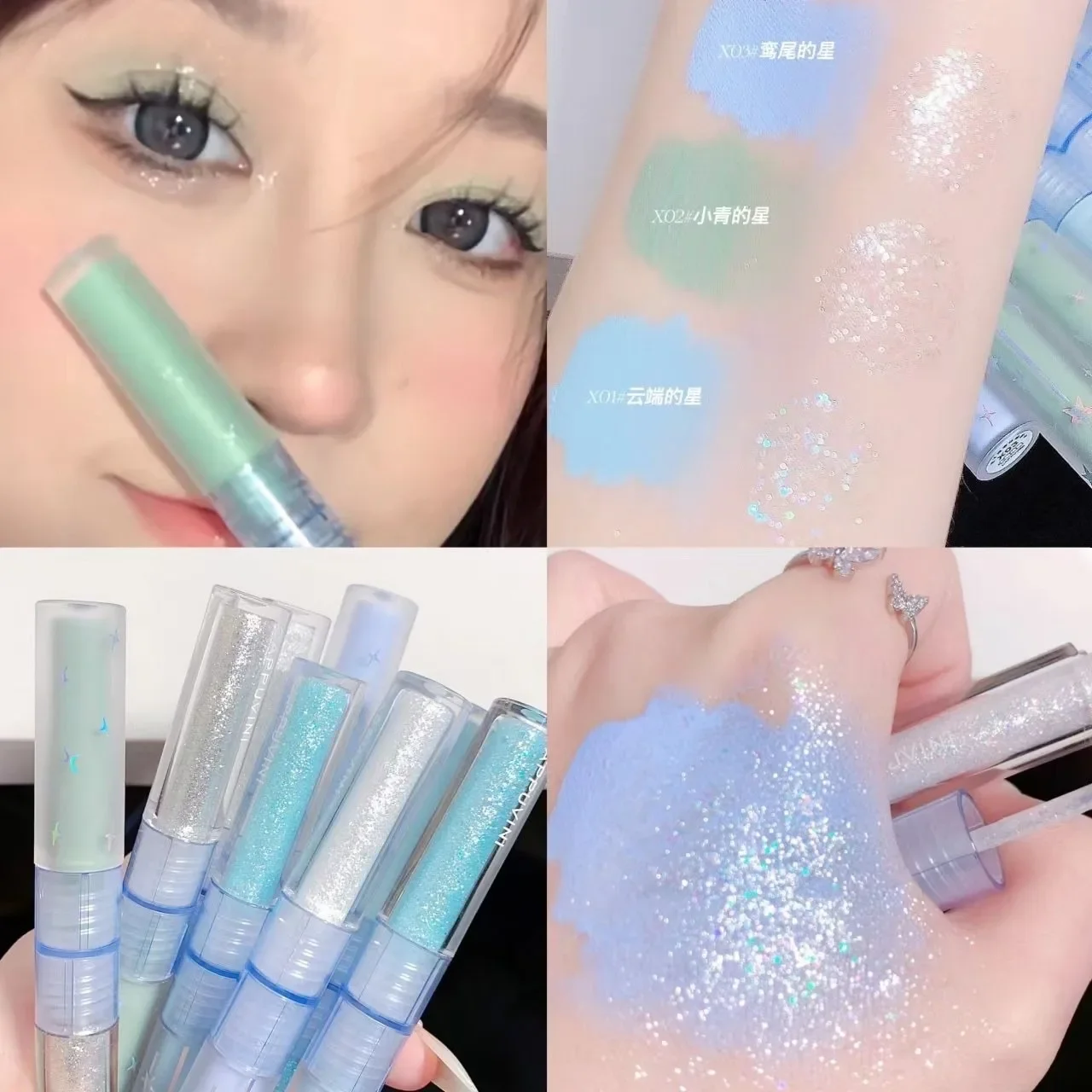 

Double head liquid eyeshadow small cyan blue burst broken diamond liquid drop tear makeup natural highlight improve complexion