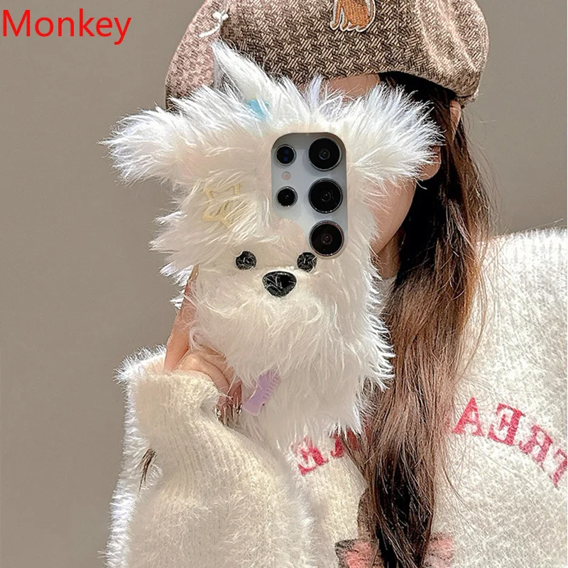 Cute Fluffy Plush Bow Puppy Furry Case For Samsung S25 Ultra S24 FE S23 S22 S21 S20 S10 S9 Winter Warm Fur Soft Protective Cover