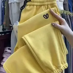 Love Heart Embroidery Fleece Winter Casual Loose Joggers Women Pants Drawstring Yellow Pencil Pants Preppy Style Sports Pants