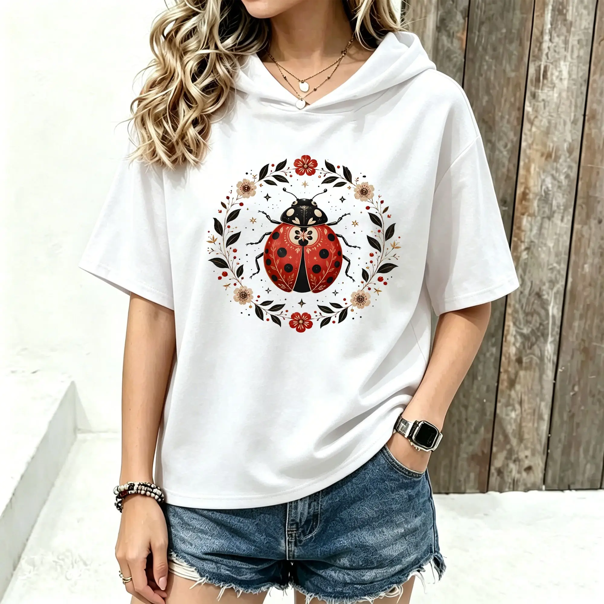 Women Short Sleeve Hoodie Folk Style Ladybug Floral Wreath Print Spring Summer Casual Hooded T‑Shirt