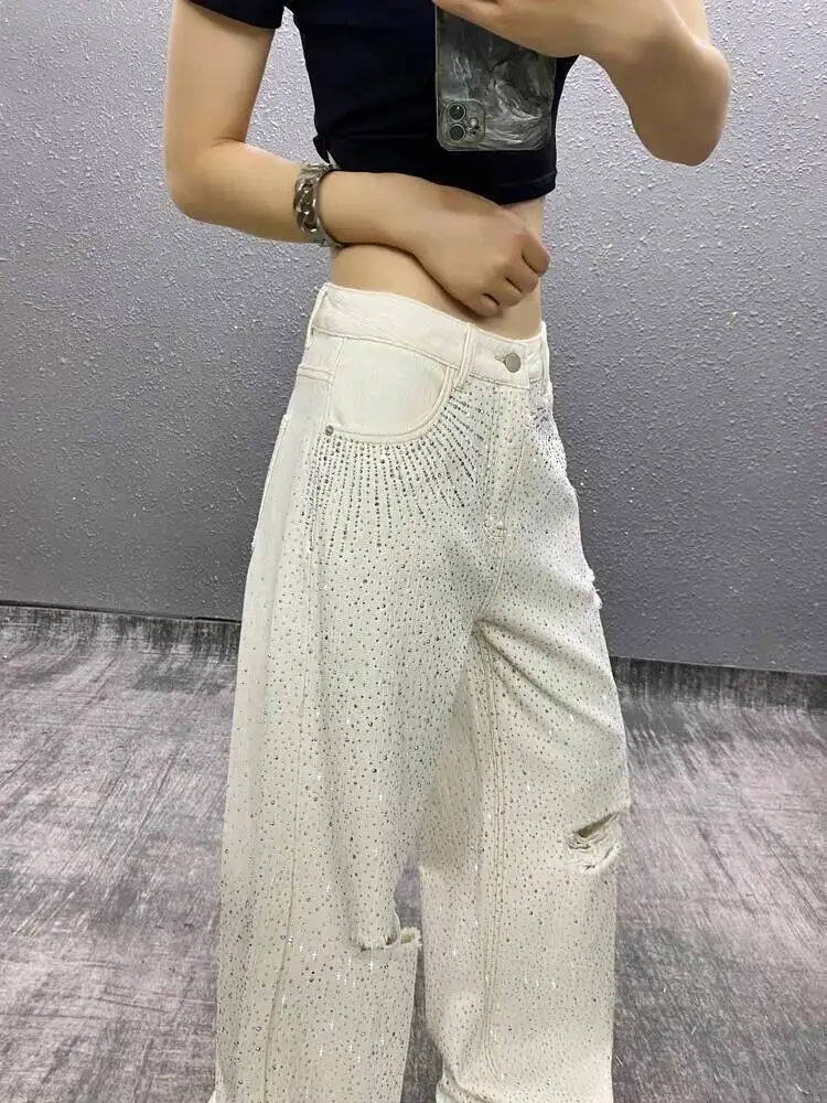 

Women Denim Pants 2025 Summer Jeans Women's White Rhinestone Star Jeans High Waisted Distressed Loose Straight Wide Leg Pants