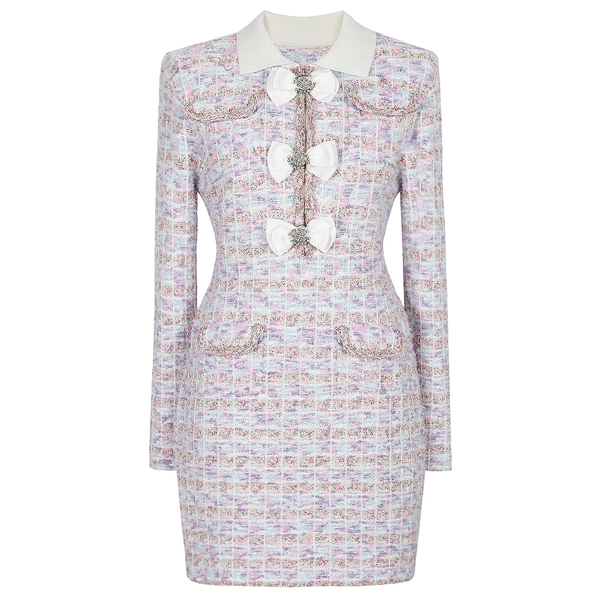 

High-End Spring Summer New Sle Knitted Diamond Button Slim Fit Long Sve Dr Ele Ci Commute A-Line Silhouette