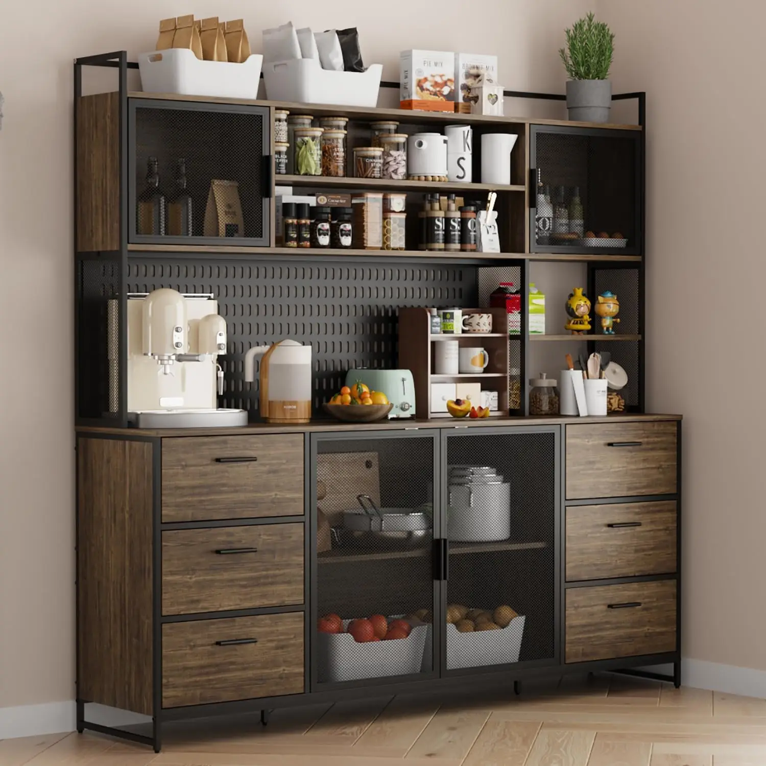 Large Kitchen Hutch Pantry Cabinet, Storage Kitchen Pantry, Storage Cupboard with Metal Mesh Door, Brown 70.9