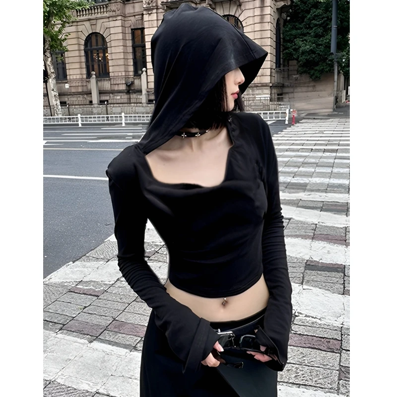 Flare Long-sleeve Hooded Crop Top Women Fall 2025 Solid Color Elastic Casual Tee Shirt Pullover Pile Collar Y2k T-shirt 2526