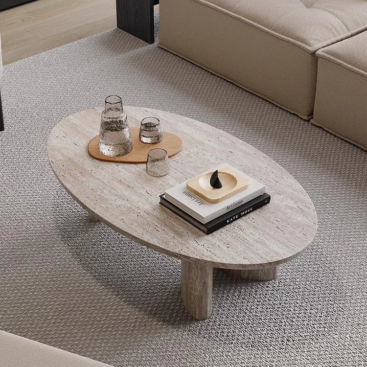 High-end home furniture waterproof and anti-fouling curved beige natural travertine oval coffee table, suitable for hotel