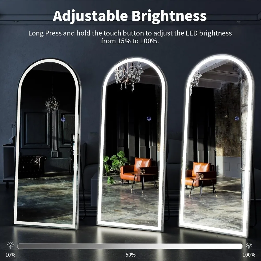 LED Full-Length Arched Floor Mirror with Dimmable Lights, 3 Color Modes, Standing or Wall Mounted for Body Viewing