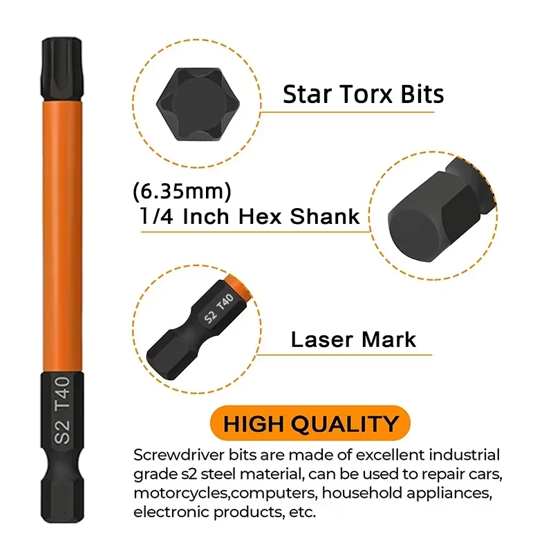 13 pçs 75mm torx bit conjunto T5-T40 resistente à adulteração estrela bits conjunto 1/4 Polegada hex haste s2 aço magnético torx chave de fenda bit