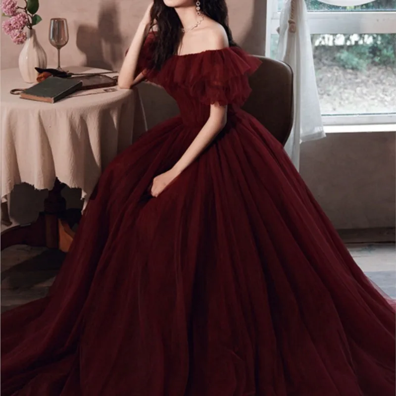 

Wine red toast dress new long line shoulder pregnant women