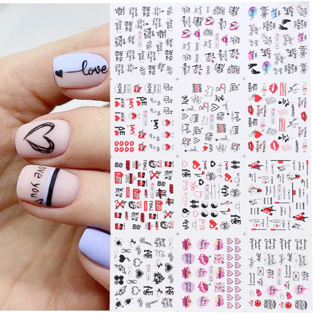 12pcs Valentines Manicure Love Letter Flower Sliders For Nails Inscriptions Water Sticker Tips Nail Art Decoration LEBBN1489-150