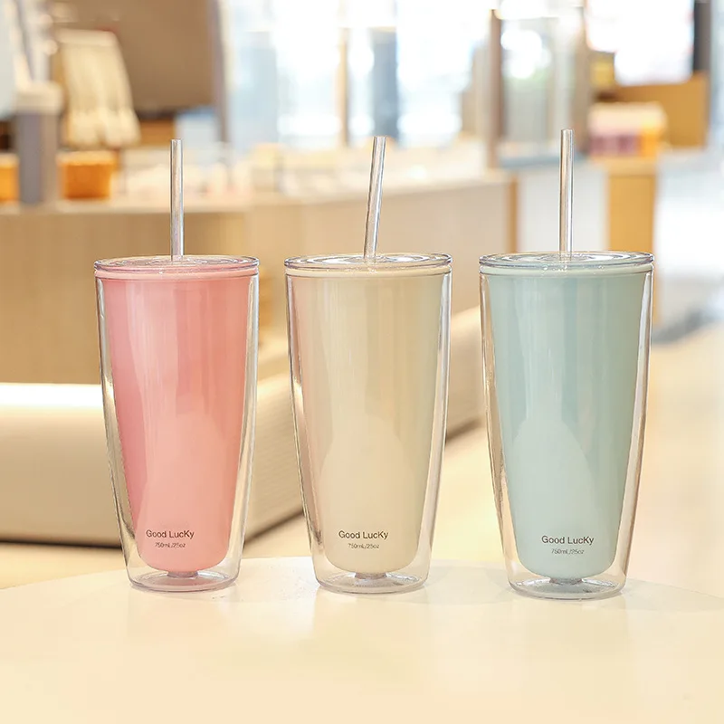 750ml Double-Layer Plastic Straw Cups With Lids Bpa Free Water Bottle For Drinking Tea Coffee Mug Juice Milk Water Cup Drinkware